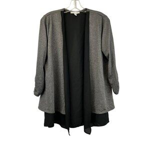 Moa Moa Mixed Media Cardigan Open Front 3/3 Ruched Sleeve Gray/Black Medium